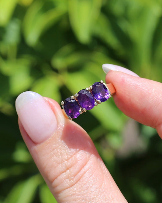 Structural High Set Vintage Oval Amethyst Trilogy Ring, 9ct Yellow Gold, size 7.75 or just over P