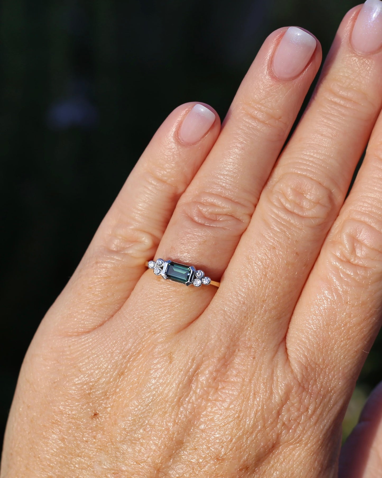 Vintage East West Set Natural Sapphire and Diamond Ring, 18ct Yellow and White Gold, size O or 7.25, 3.36g, with valuation