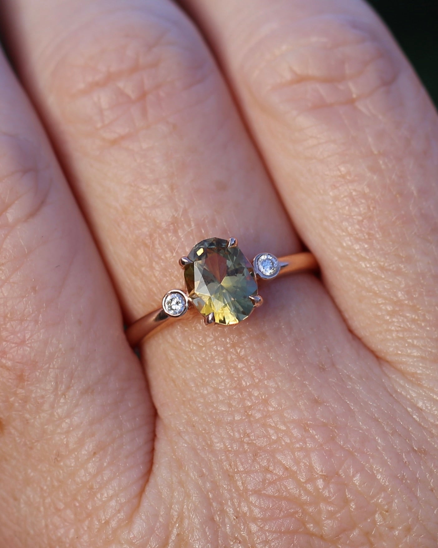 1.57ct Natural Golden Tanzanite Zoisite and Diamond Trilogy Ring, 14ct Rose Gold, size 8.75 or just over R, 3.3g, with valuation