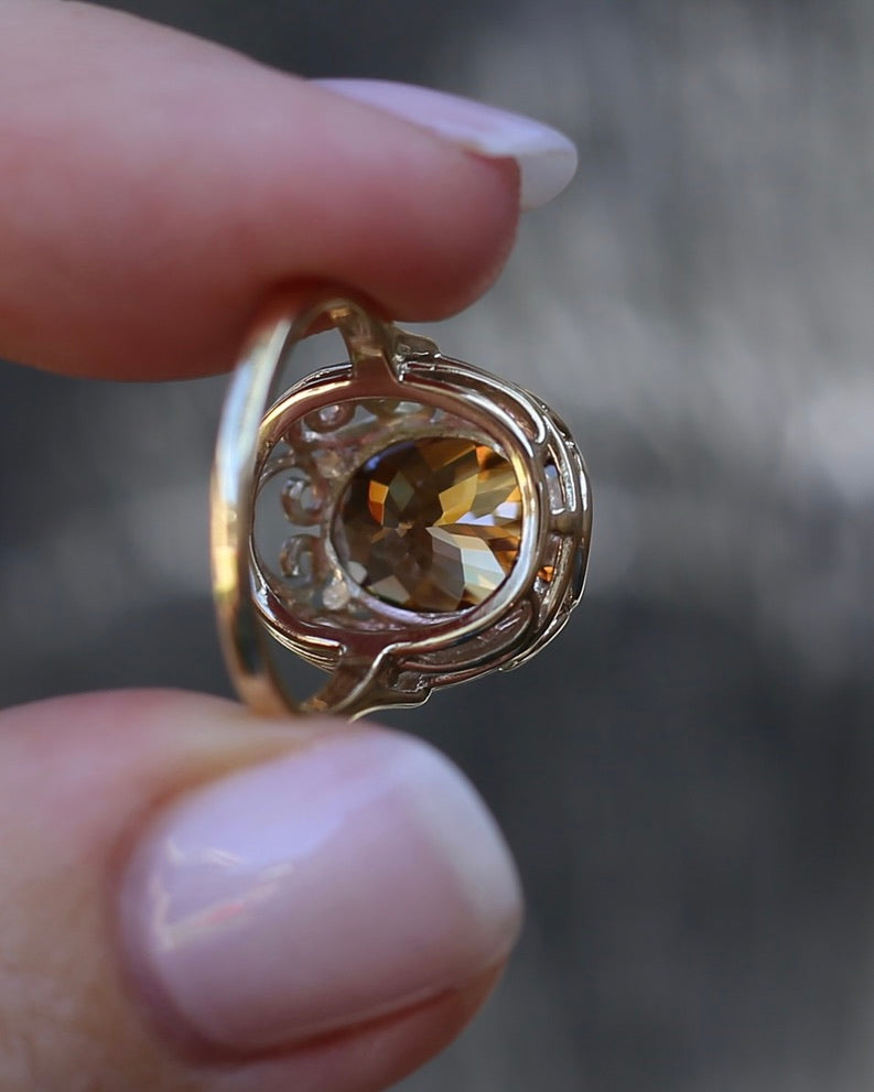 6.9ct Oval Natural Zircon in Raised Filigree Setting, 10ct Yellow Gold, size M1/2 or 6.5, 4.83g