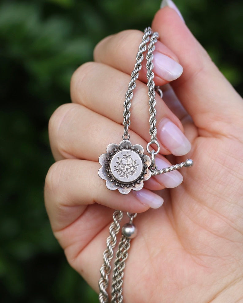 Antique 1896 Double Albertina Necklace with T-bar and Floral Pendant, Sterling Silver, 18.85g
