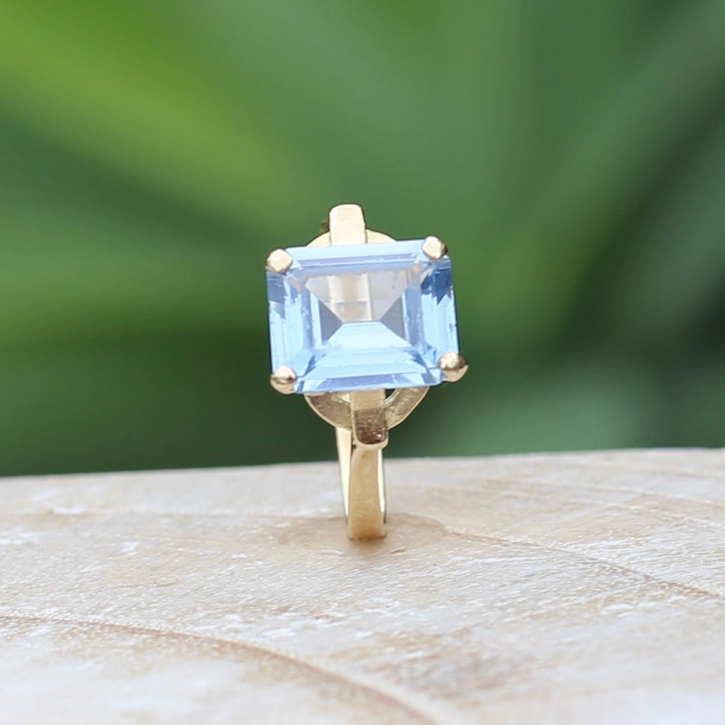 Emerald Cut Synthetic Blue Spinel in Gorgeous Art Deco Setting, 14ct Yellow Gold, size O or 7.25