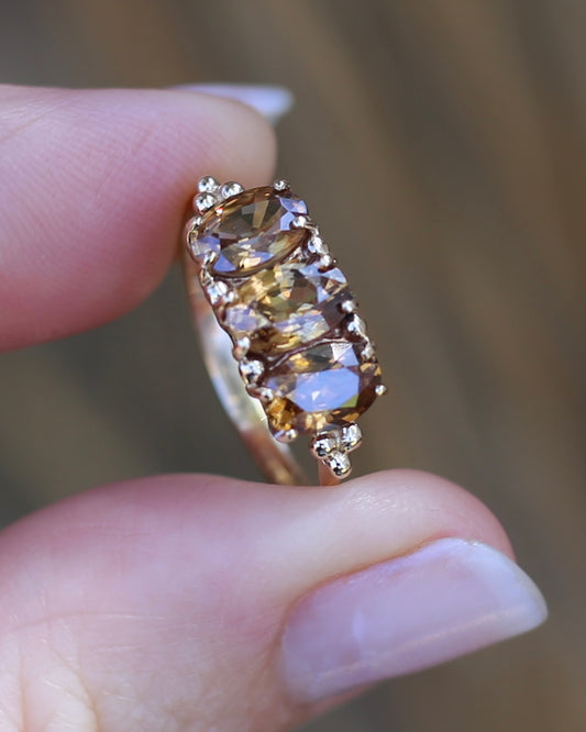 Vintage Natural Brown Zircon Trilogy Ring, 9ct Yellow Gold, size N1/2 or 7, 2.47g