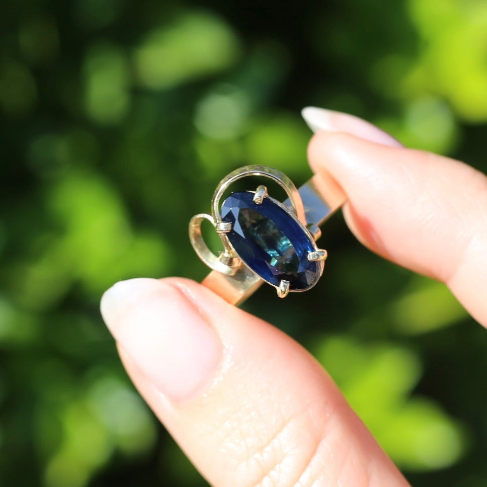 1980s 4ct Australian Parti Sapphire Retro Ring, 9ct Yellow Gold, size X or 11.5 (easily sizeable) with valuation