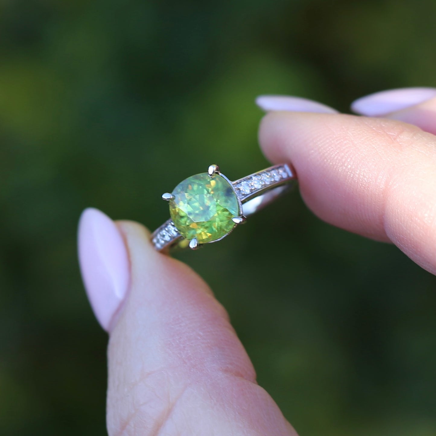 4.11ct Green Zircon and Diamond Ring, 14ct White Gold, size N1/2 or 7, with valuation