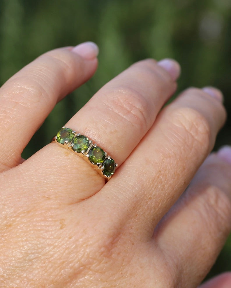 1.75ct Four Stone Natural Green Tourmaline Ring, 9ct Yellow Gold, size N1/2 or just over 6.75, 2.37g