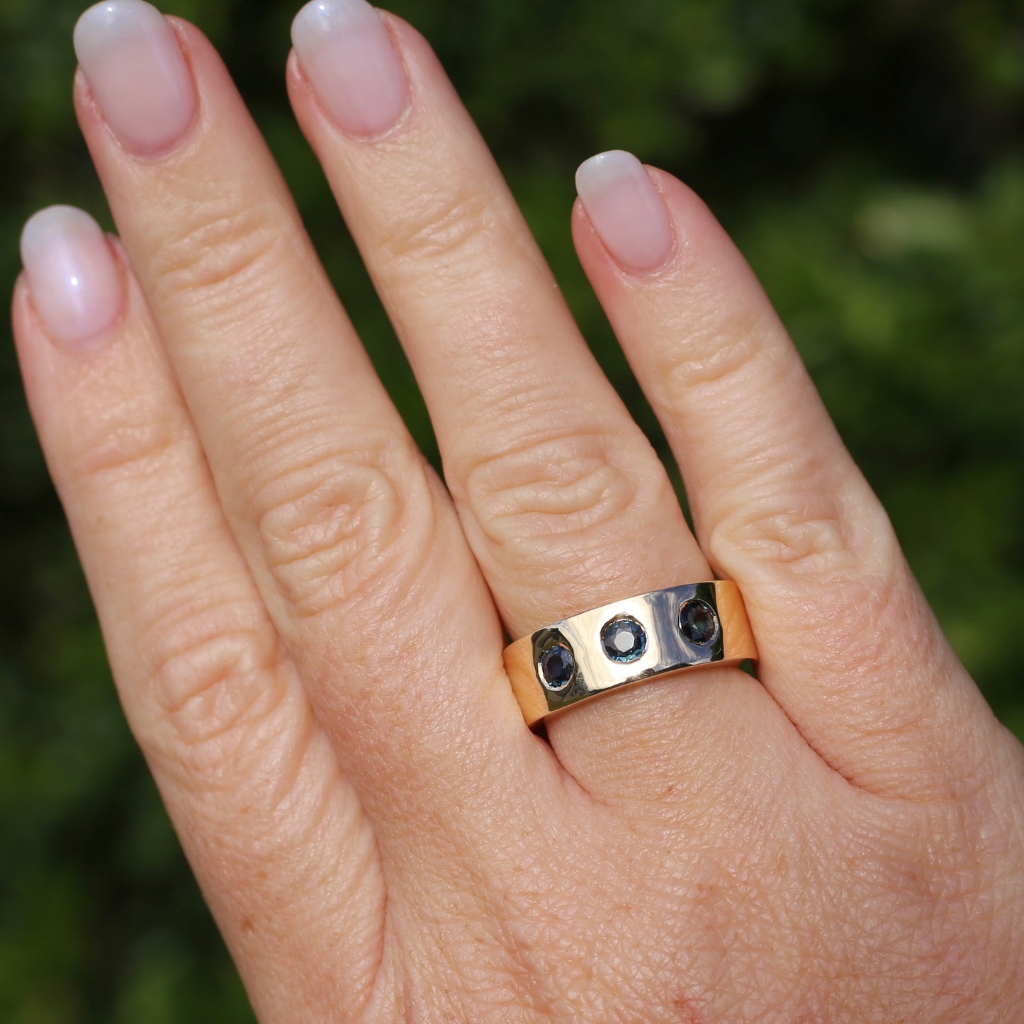 Custom Reclaimed Gold Chunky 9ct Rings with 4mm Parti Sapphires