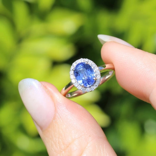 2.3ct Oval Cornflower Blue Sapphire with Diamond Halo, 14ct White Gold, size N or 6.75