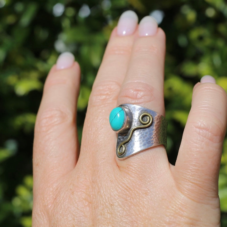 Rustic Silver and Turquoise Cuff Ring, sizeable