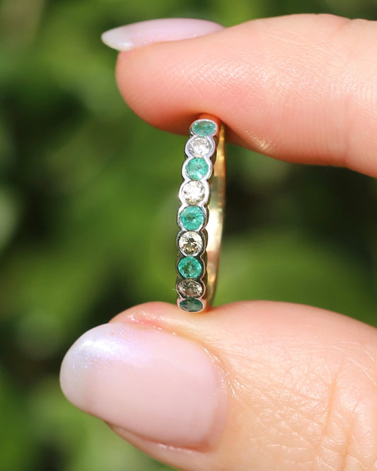 Natural Emerald and Diamond Half Hoop, 9ct Yellow and White Gold, size O or 7.25, 1.76g