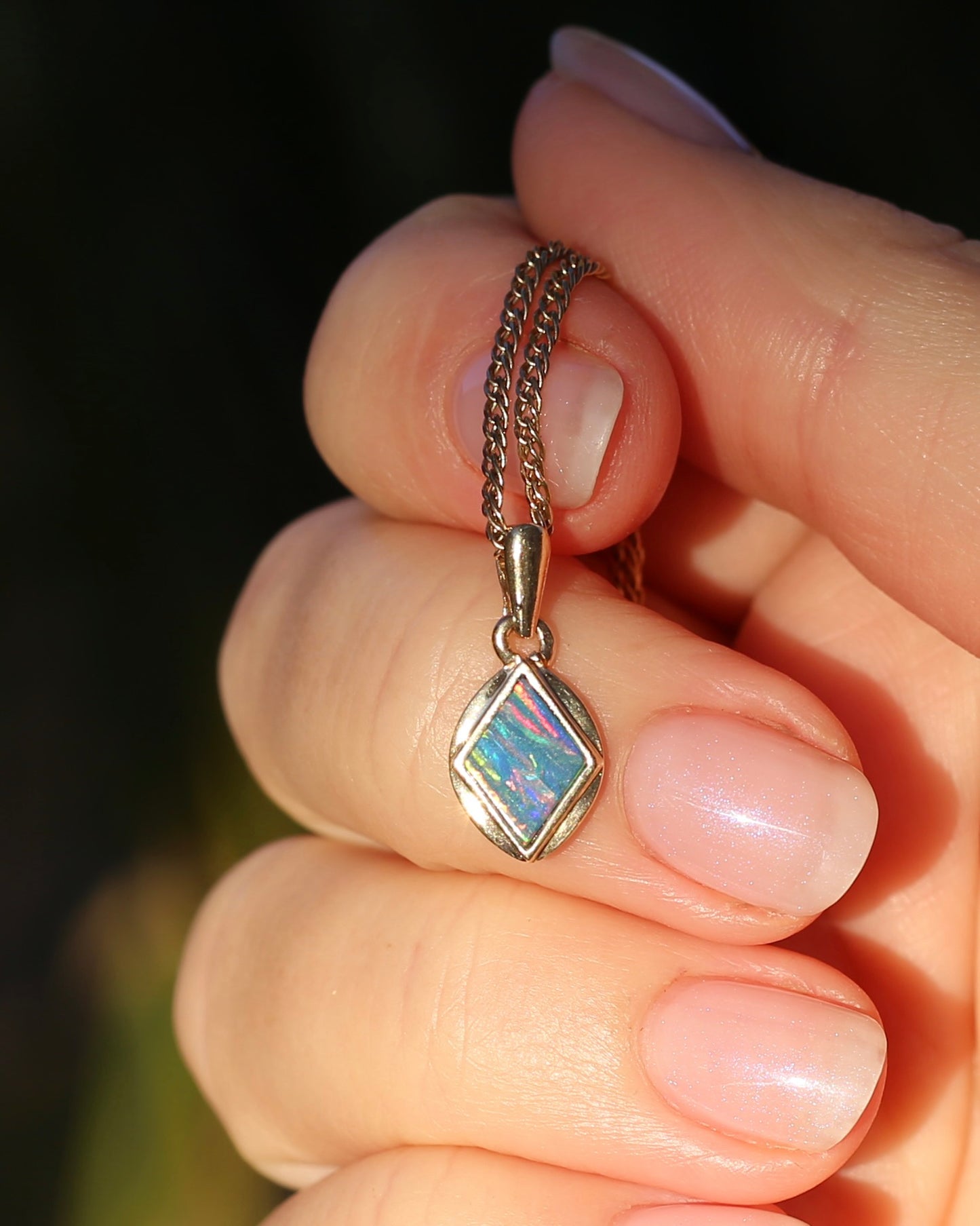 Bezel Set Solid Opal Diamond Shaped Pendant, 14ct Yellow Gold, 0.88g