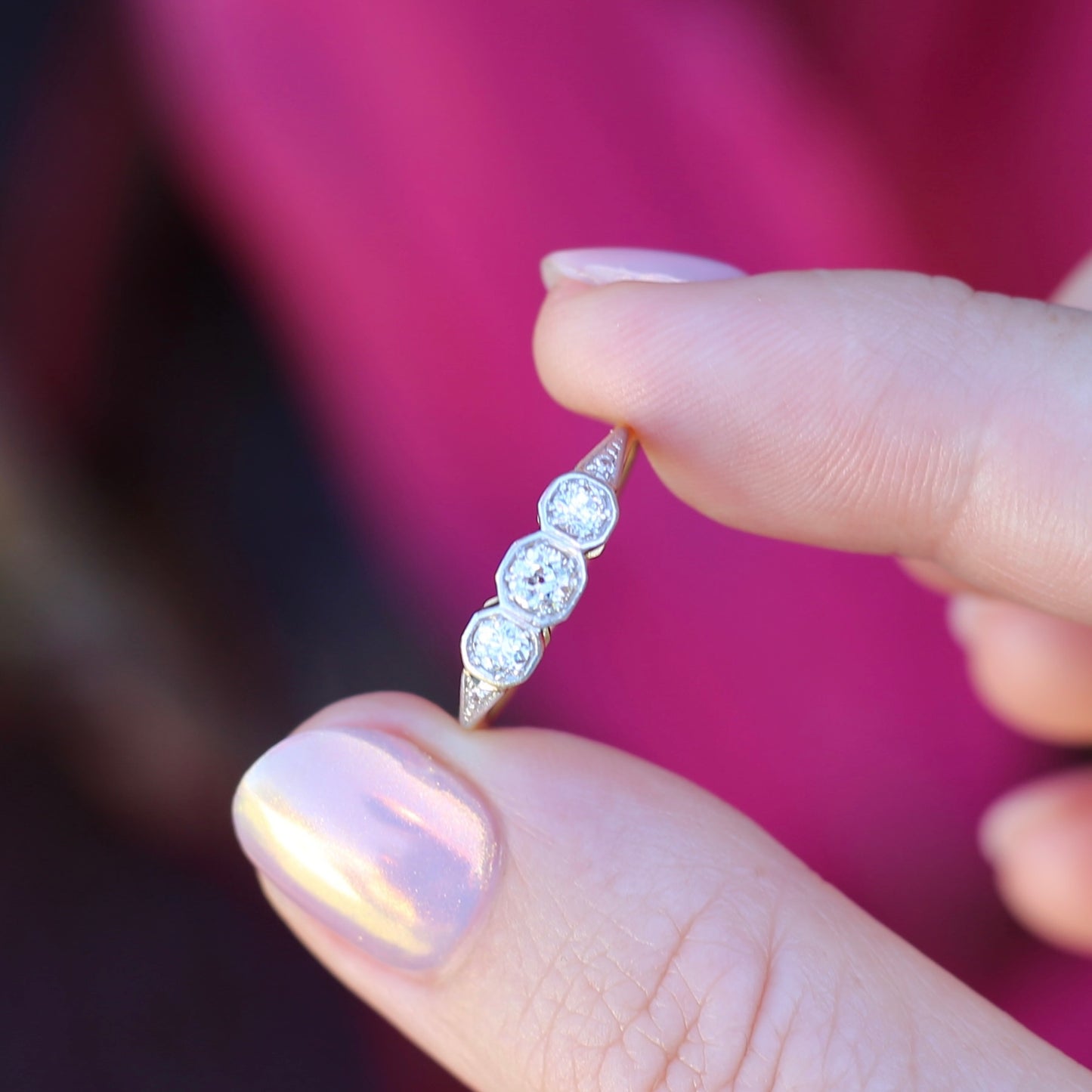 1930s Old and Transitional Cut Diamond Trilogy, 18ct Yellow and White Gold, size N or 6.75