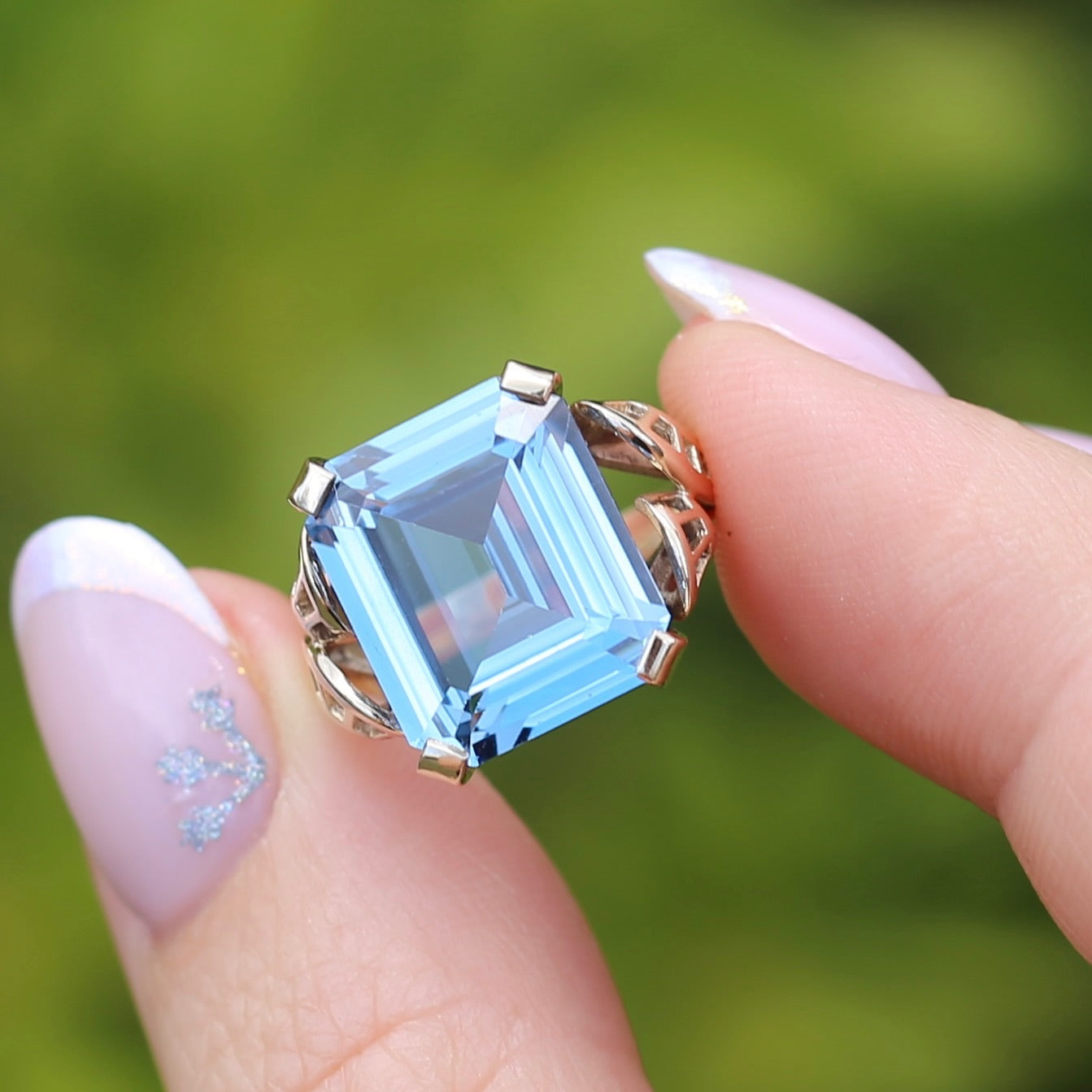 Mid Century Emerald Cut Blue Spinel Cocktail Ring, size N1/2 or 6.75