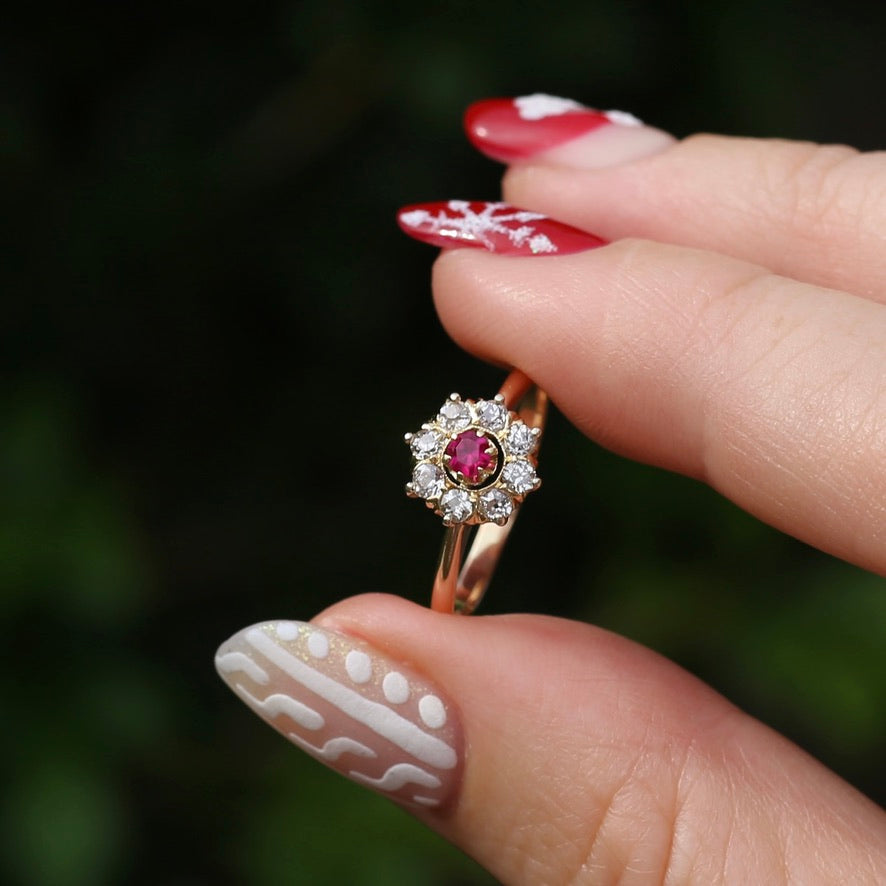 Antique Ruby and Old Cut Diamond Cluster, 15ct Yellow Gold, size O or 7.25 with valuation