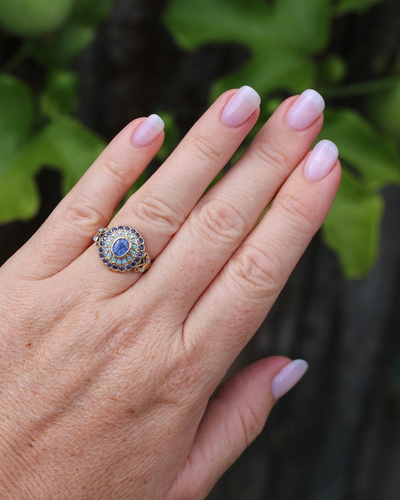 Natural Sapphire and Opal Cluster Ring, 9ct Yellow Gold, size P or 7.5, 4.04g