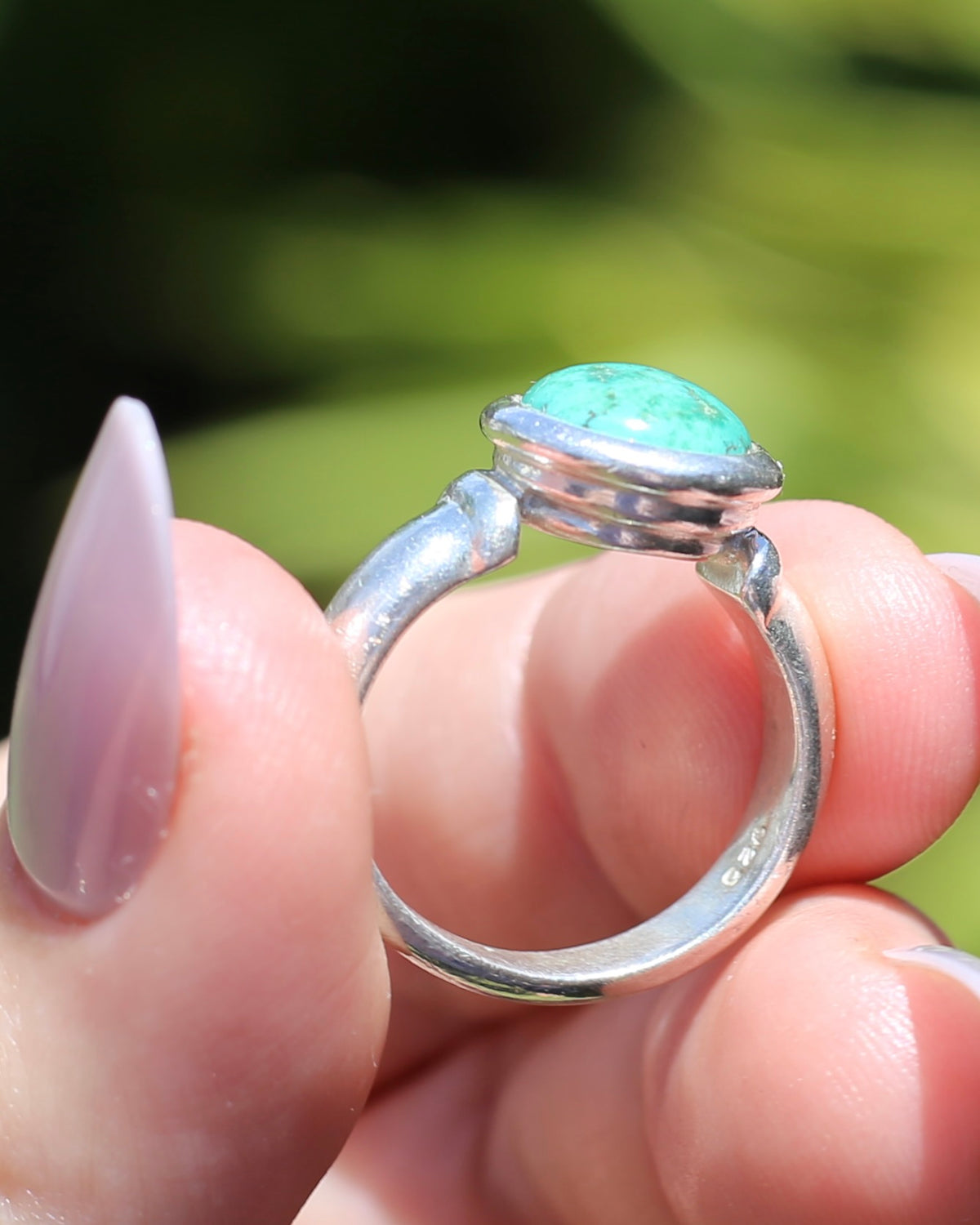 Natural Turquoise Cabochon Bezel Set Ring, Sterling Silver, size Q or just over 8, 7.3g