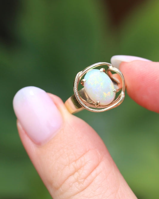 Vintage 1970s White Opal Ring in Handmade Swirl Design, size P1/2 or 8, 3.3g