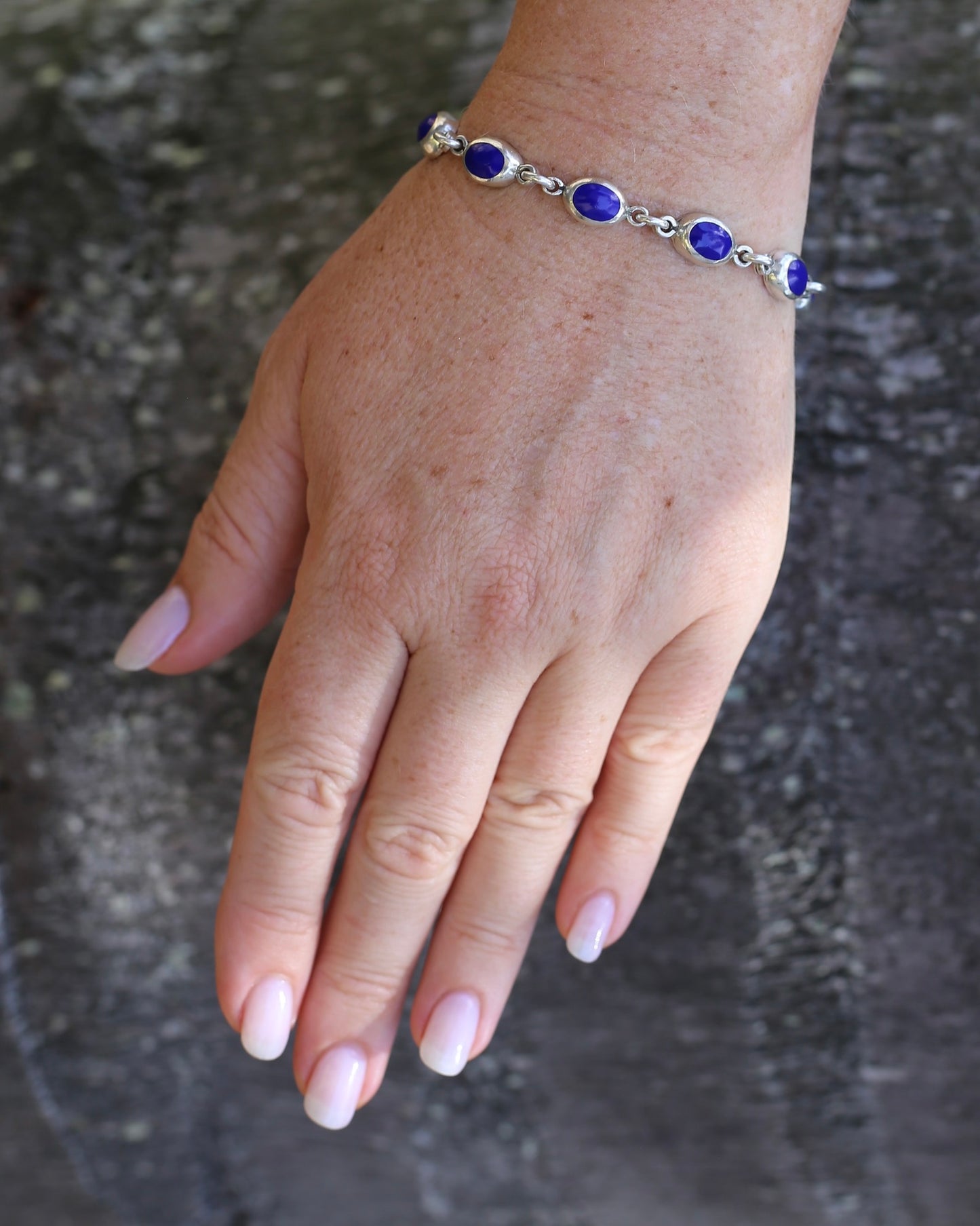 Vintage Mexican Bezel Set Lapis Bracelet, 7.75 inches or 19.5cm, 21.27g