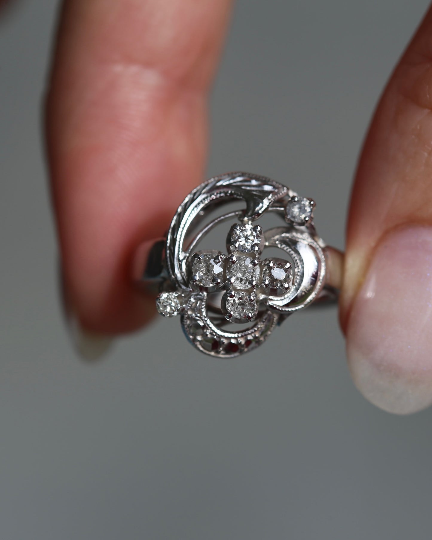 Old Cut and Early Brilliant Cluster Clover Ring, 9ct White Gold, size O or 7