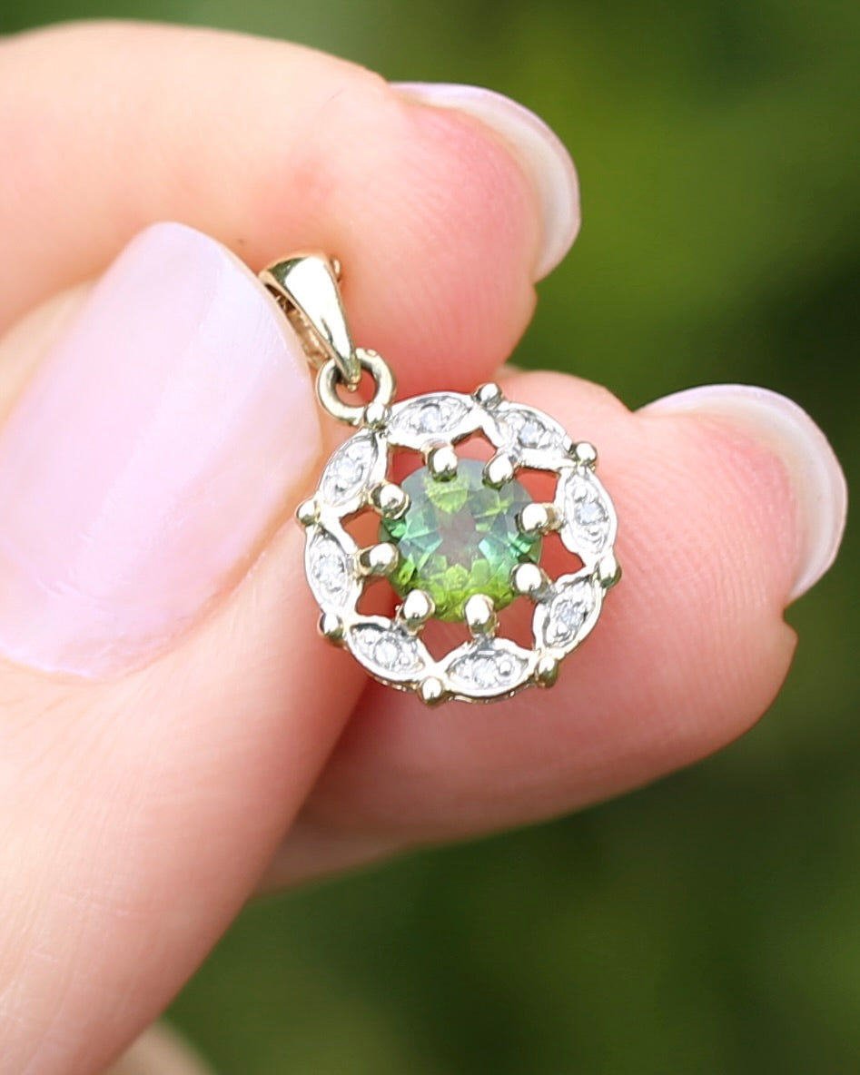 Vintage 0.7ct Green Tourmaline and Diamond Pendant, 9ct Yellow Gold, 1.15g
