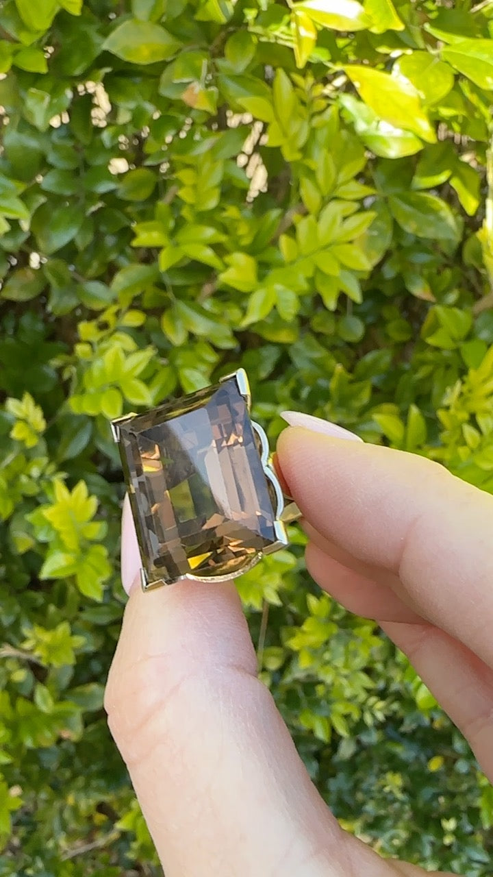 Mid Century 36ct Princess Cut Smoky Quartz Cocktail Ring, 9ct Yellow Gold, size N1/2 or 6.75