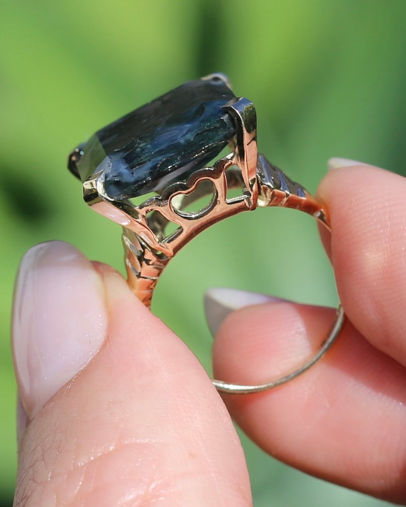 1963 London Made 14.5ct Moss Agate Cocktail Ring, 9ct Yellow Gold, size M or 6.25, 6.75g