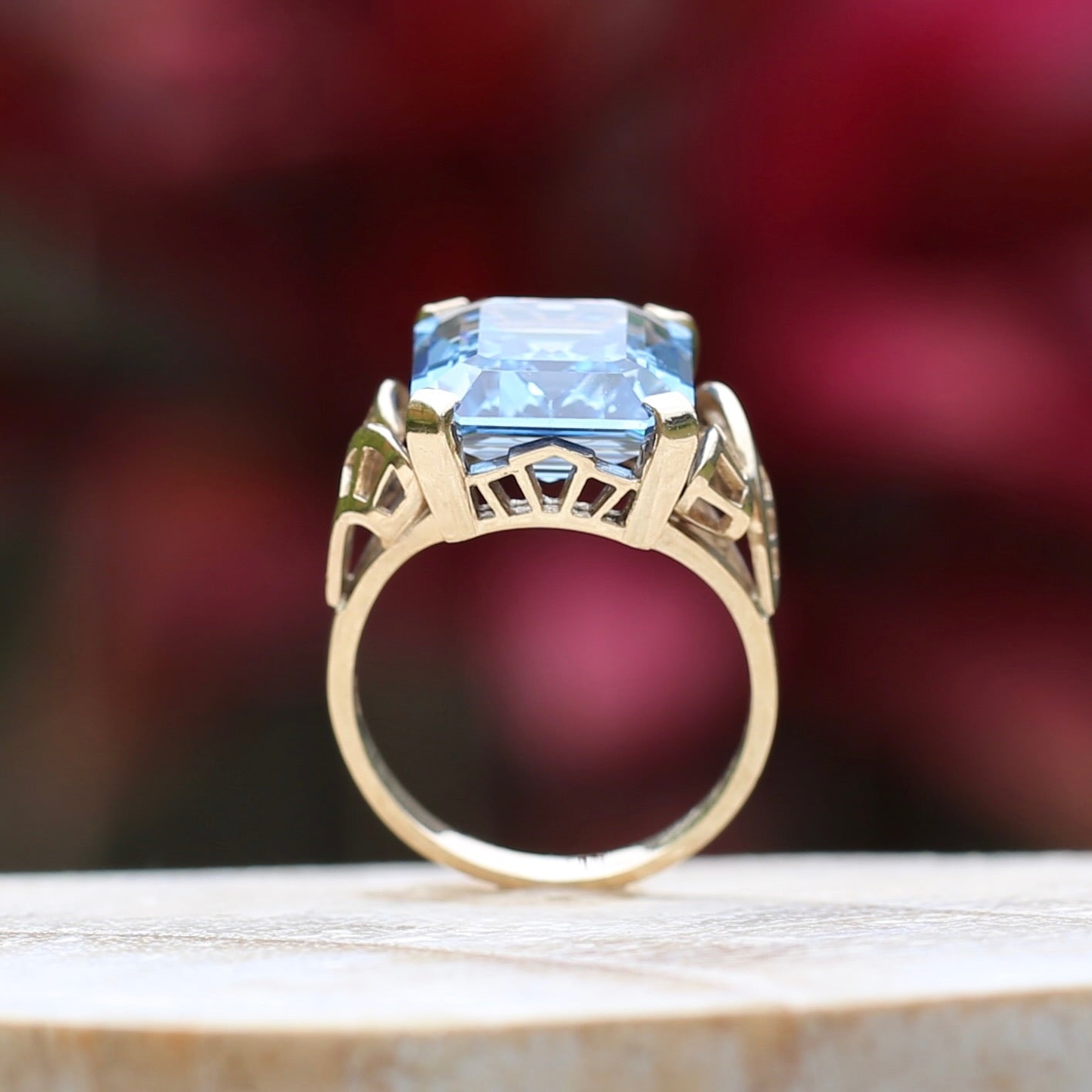 Mid Century Emerald Cut Blue Spinel Cocktail Ring, size N1/2 or 6.75