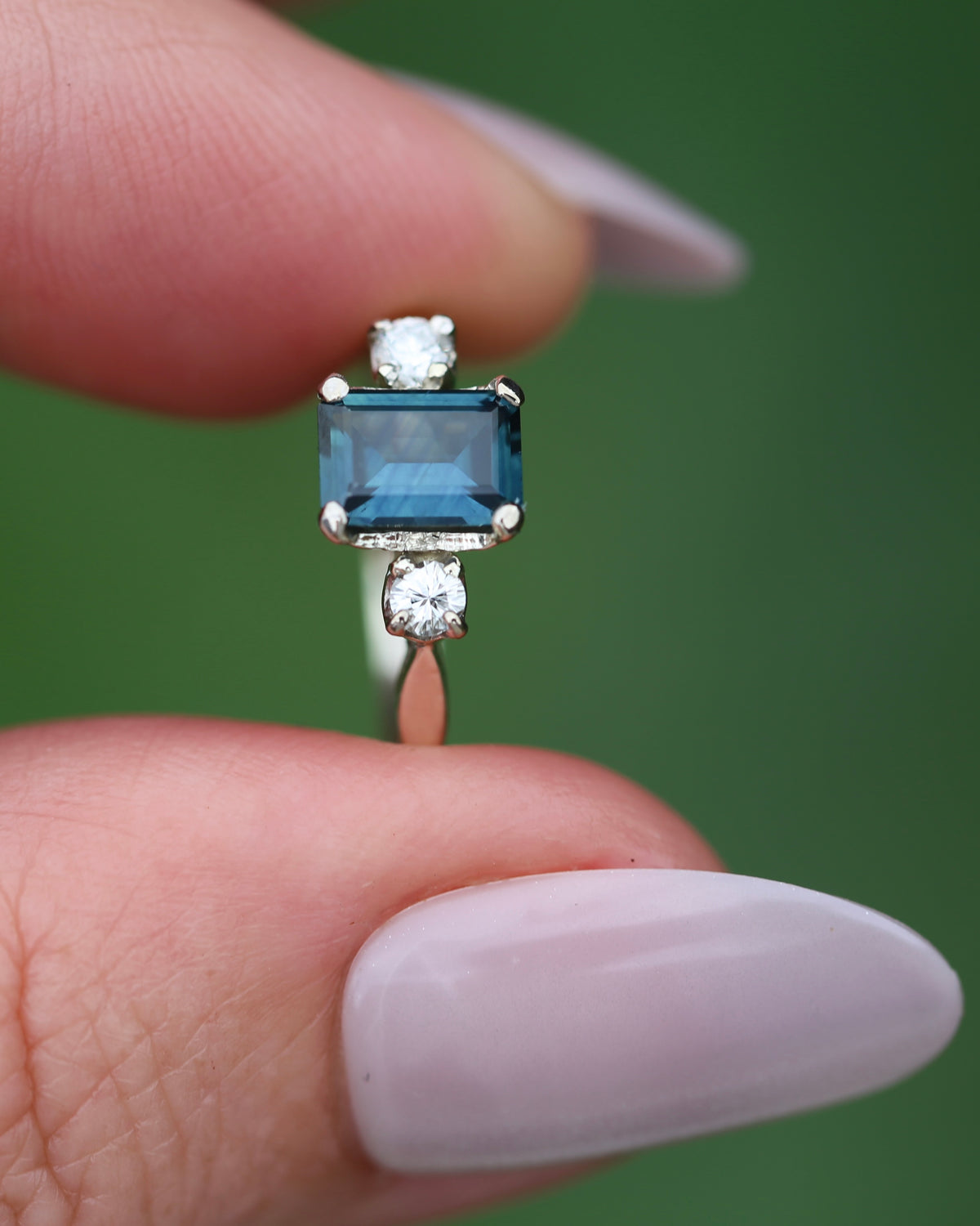 1.1ct Emerald Cut Natural Blue Teal Sapphire and Diamond Trilogy, 18ct White Gold and Platinum, size O or just over 7, 2.27g