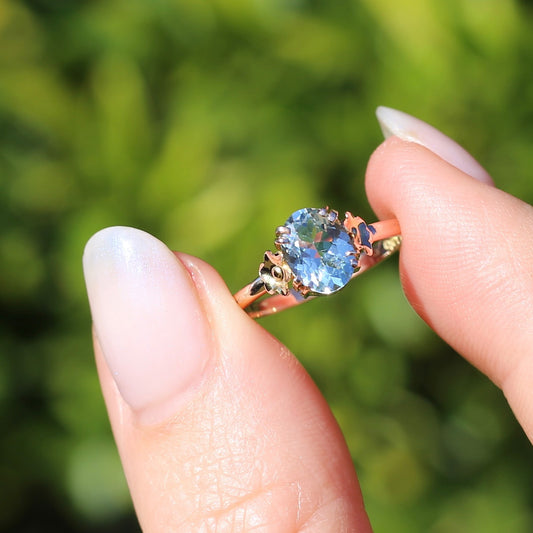 Vintage Aquamarine Ring in Double Claw Set Rosey 9ct Gold with Floral Shoulders, 9ct Old Rosey Gold, size L or 5.75