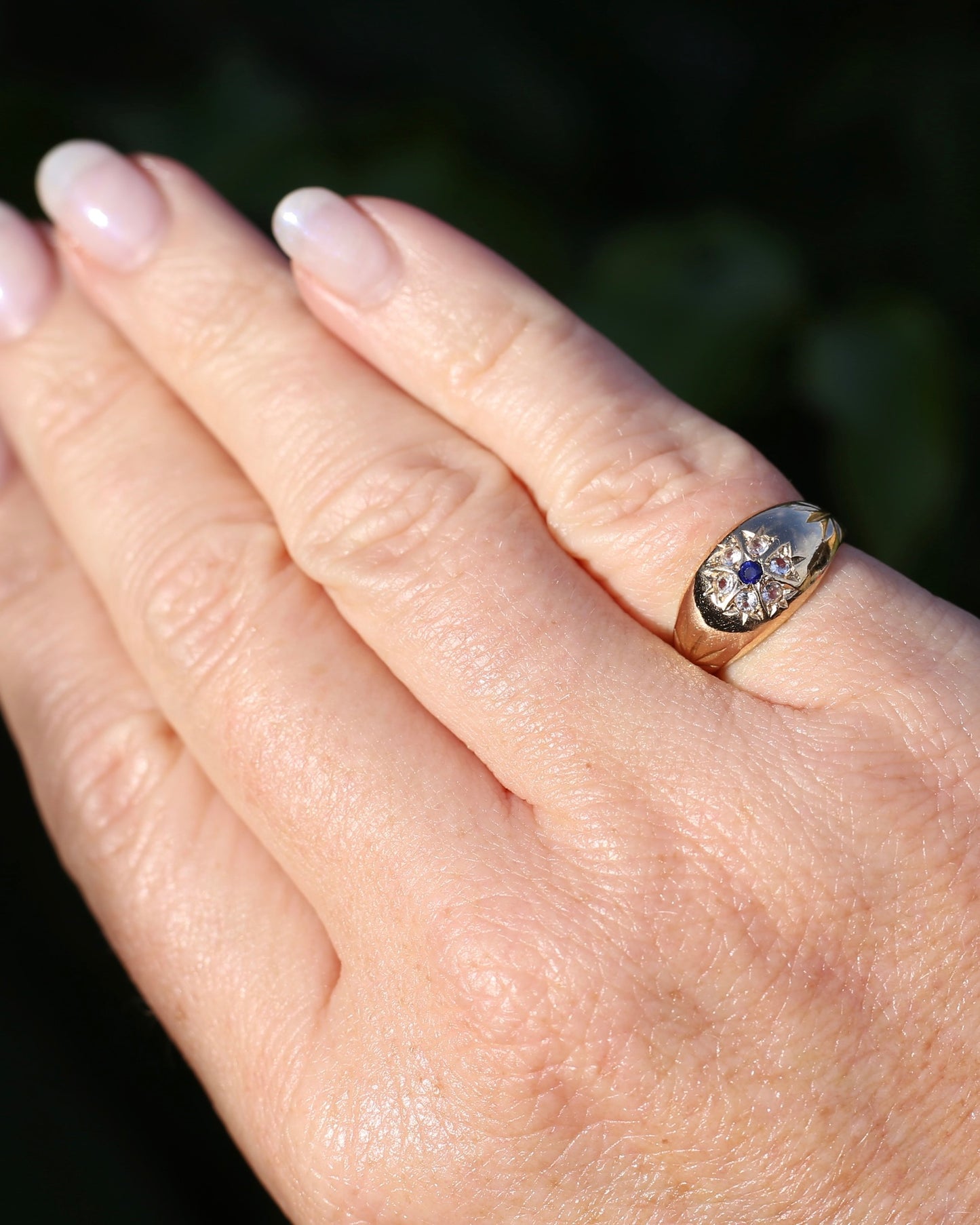 Vintage 1994 Birmingham Made Sapphire and White Stone Floral Cluster in Domed Ring, 9ct Yellow Gold, size J1/2 or 5