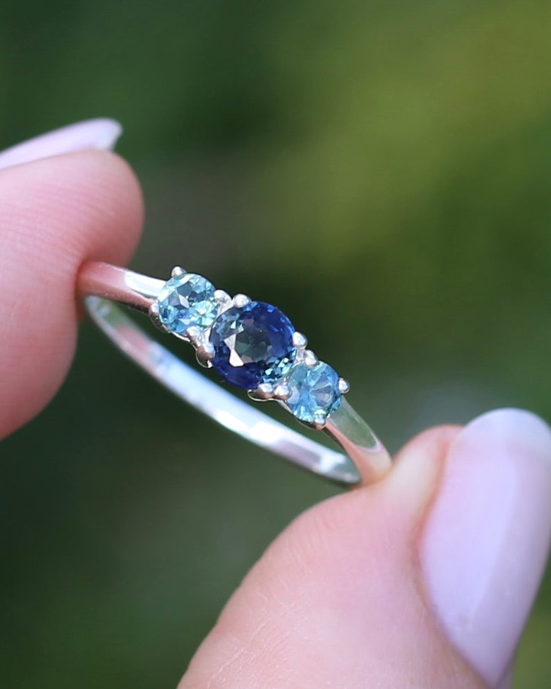 0.85ct Natural Parti Sapphire Trilogy Ring, Sterling Silver, size Q or 8.25, 1.98g