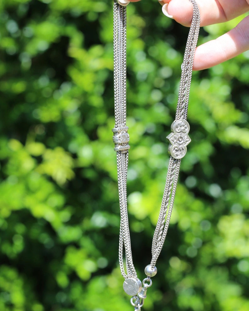 Antique 1901 Double Albertina Necklace with T-bar and Tassel, Sterling Silver, 43.75g