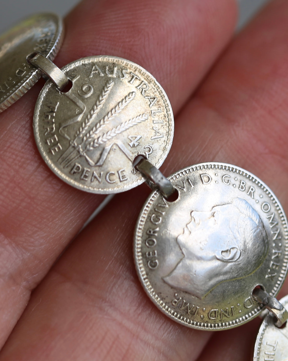 WWII Lucky Sixpence and Threepence Bracelet - coins 1938, 1942, 1943, 1944, 92.5% silver, 17.5cm or just under 7 inches, 19.83g