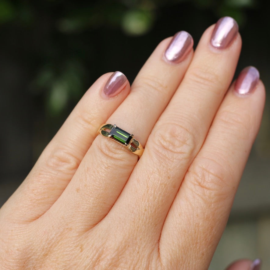 East West Set Emerald Cut Dark Green Natural Tourmaline Ring, 9ct Yellow Gold, size L or 5.75