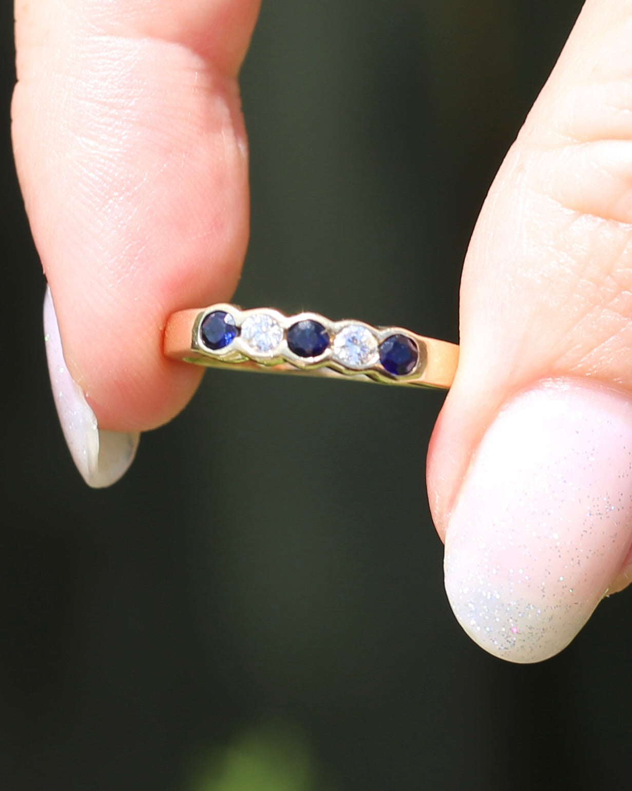 Second Glance - Five Stone Sapphire and Diamond Semi Bezel Ring, 9ct Yellow Gold, approx size N or 6.75 with Arthritis Balls, 2.42g