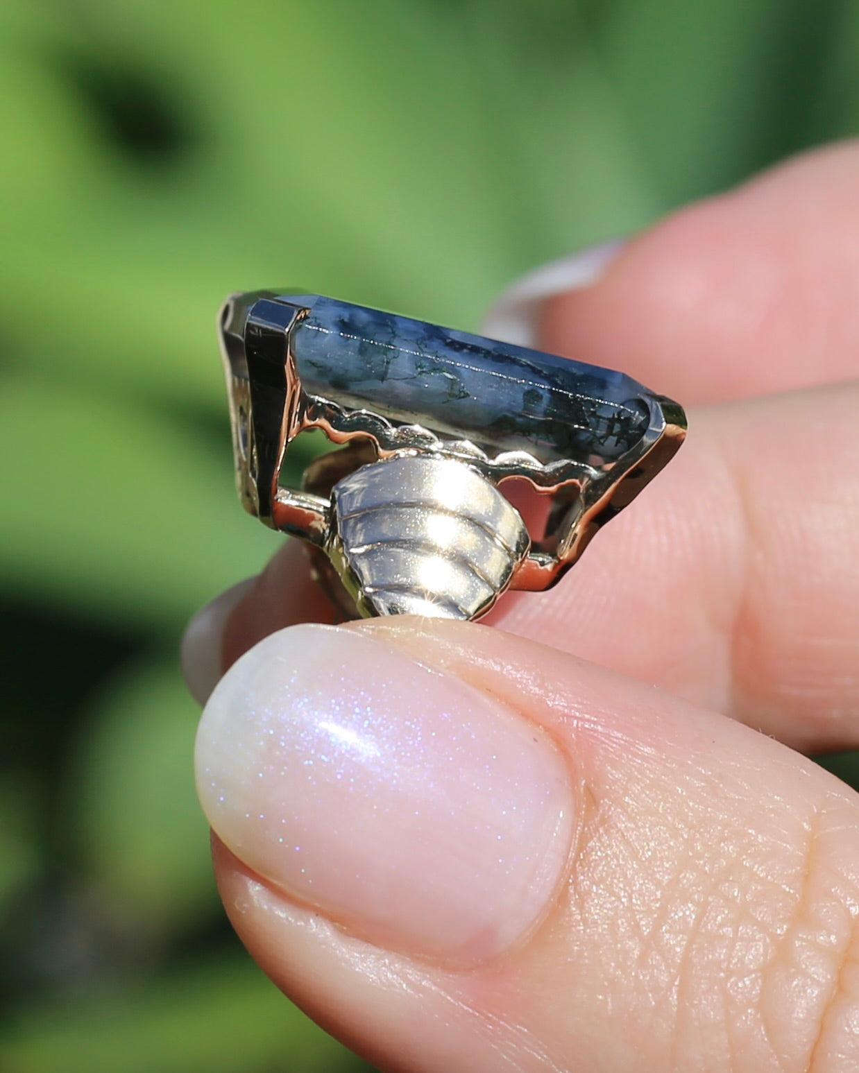 1963 London Made 14.5ct Moss Agate Cocktail Ring, 9ct Yellow Gold, size M or 6.25, 6.75g