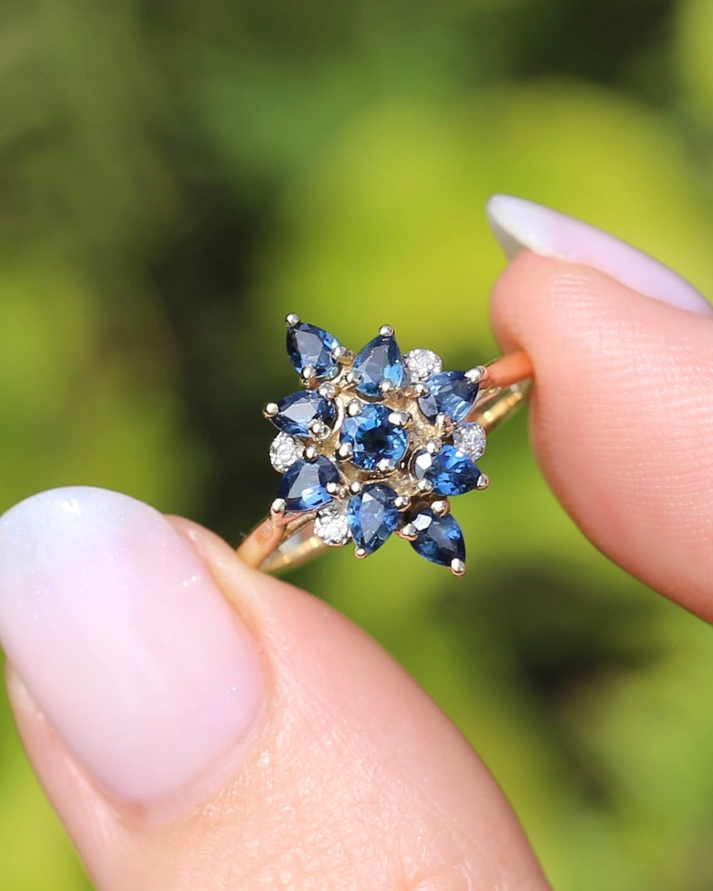 Vintage Blue Sapphire and Diamond Cluster Ring, 9ct Yellow Gold, size N or 6.75, 2.34g