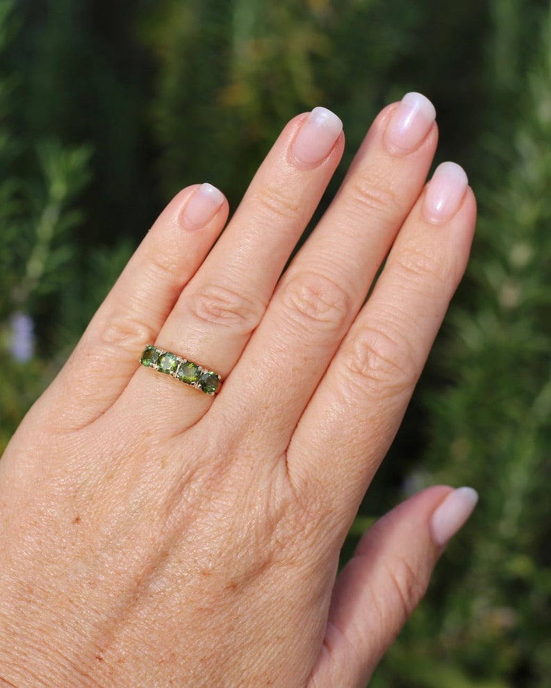 1.75ct Four Stone Natural Green Tourmaline Ring, 9ct Yellow Gold, size N1/2 or just over 6.75, 2.37g