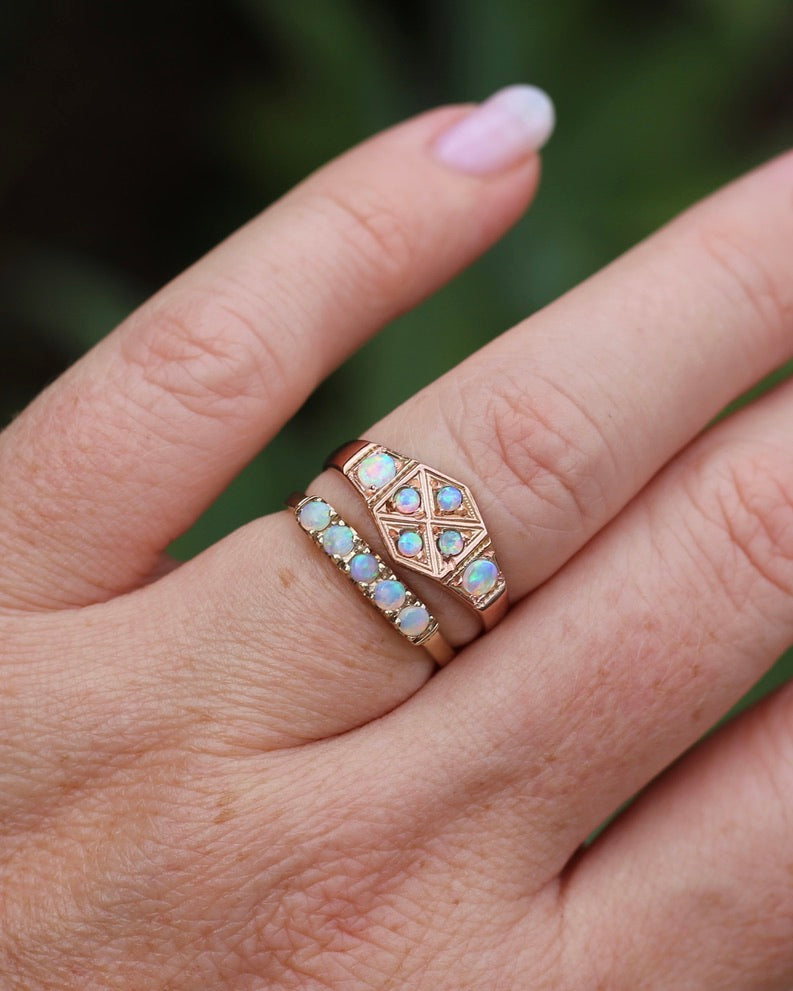 Outstanding Opals in Birmingham Made Rose Gold Shield Faced Ring, 9ct Rose Gold, size Q or 8.25, 2.57g