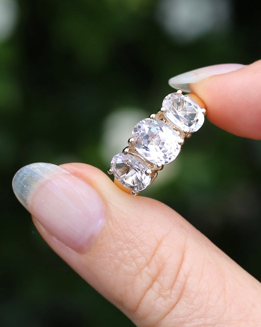Oval Trilogy Rock Crystal Ring, 9ct Yellow Gold, size Q1/2 or 8.5, 5.59g