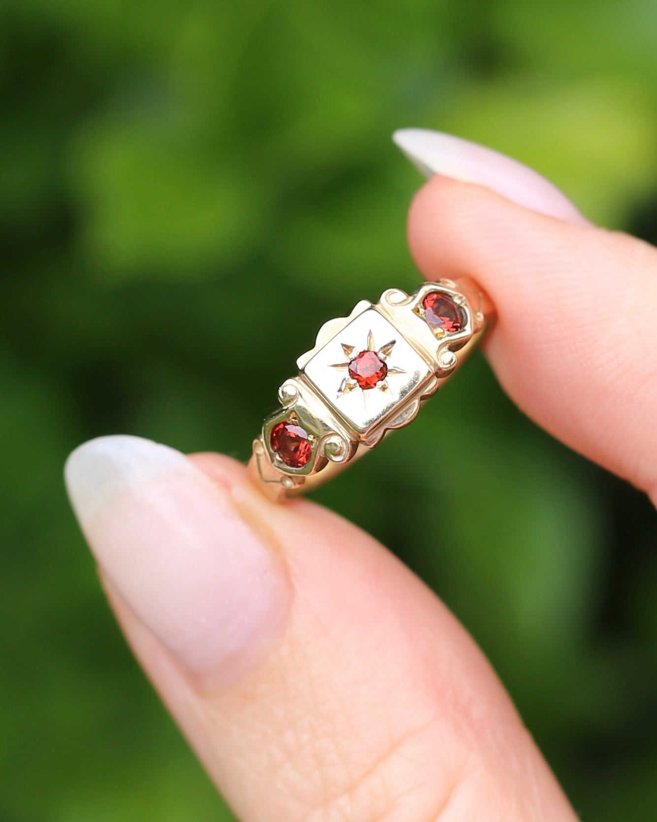Victorian Revival Garnet Trilogy Star Set Ring, 9ct Yellow Gold, size O1/2 or just over 7.25