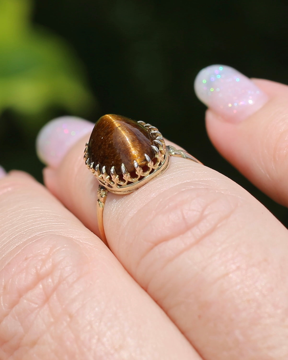 Second Glance - Antique Birmingham Made 1922 Tiger Eye Cabochon Ring, 15ct Yellow Gold, size I or 4.25, 2.27g