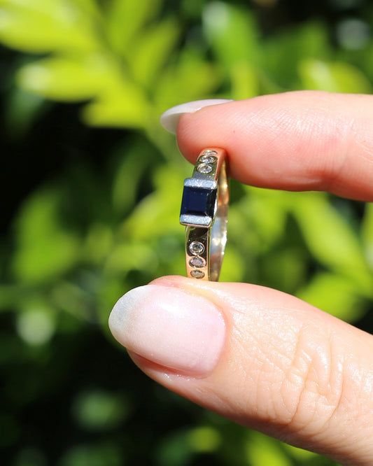 Vintage Chunky East West Set Sapphire and Flush Set Diamonds, 9ct Yellow and White Gold, size 9 or S