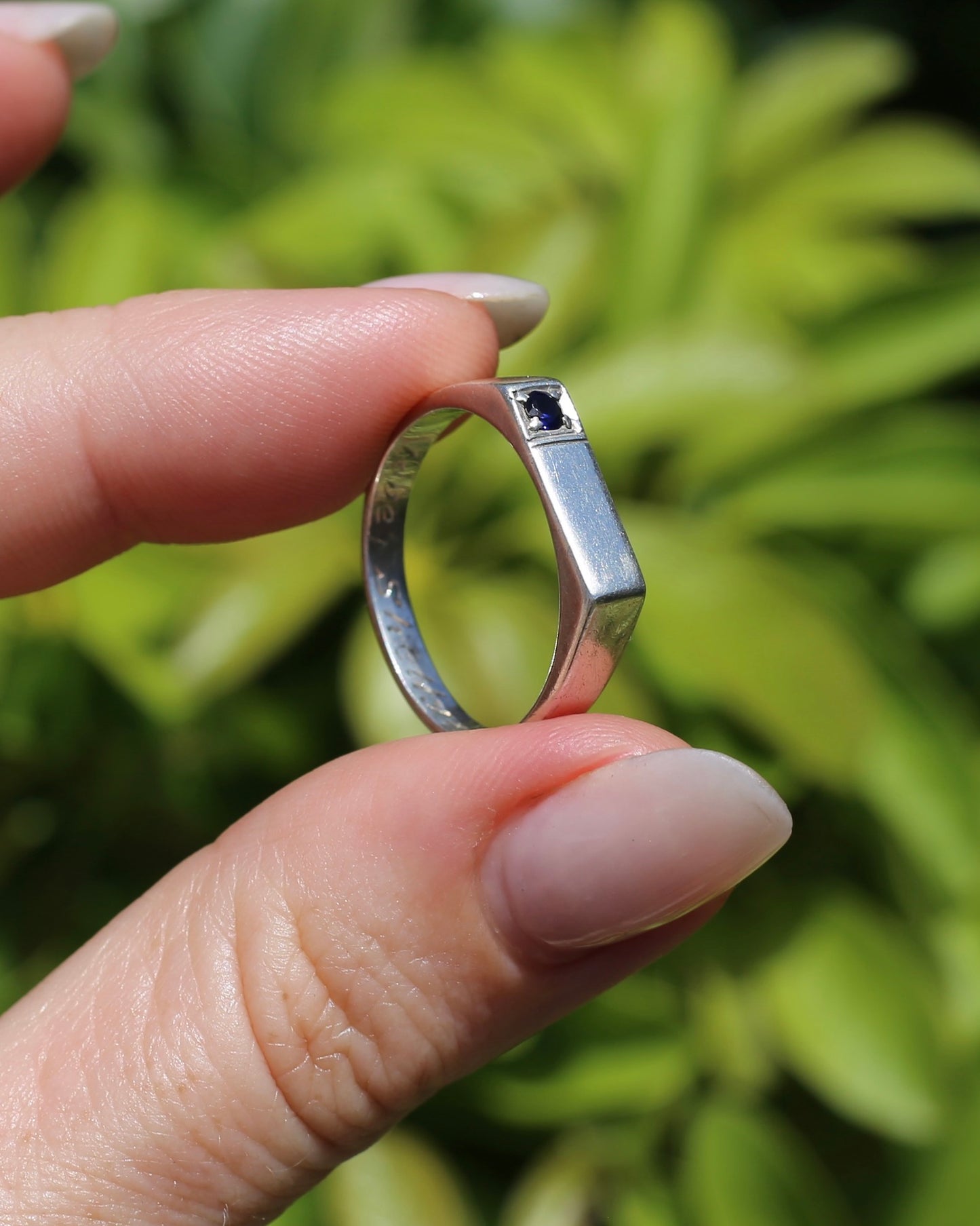 Narrow Silver Signet Ring with Sapphire, Sterling Silver, size 10.5 or V, 3.9g