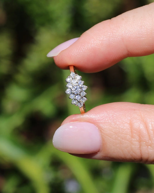 1991 London Made Diamond Cluster Ring, 9ct Yellow and White Gold, size J or 4.75, 2.2g