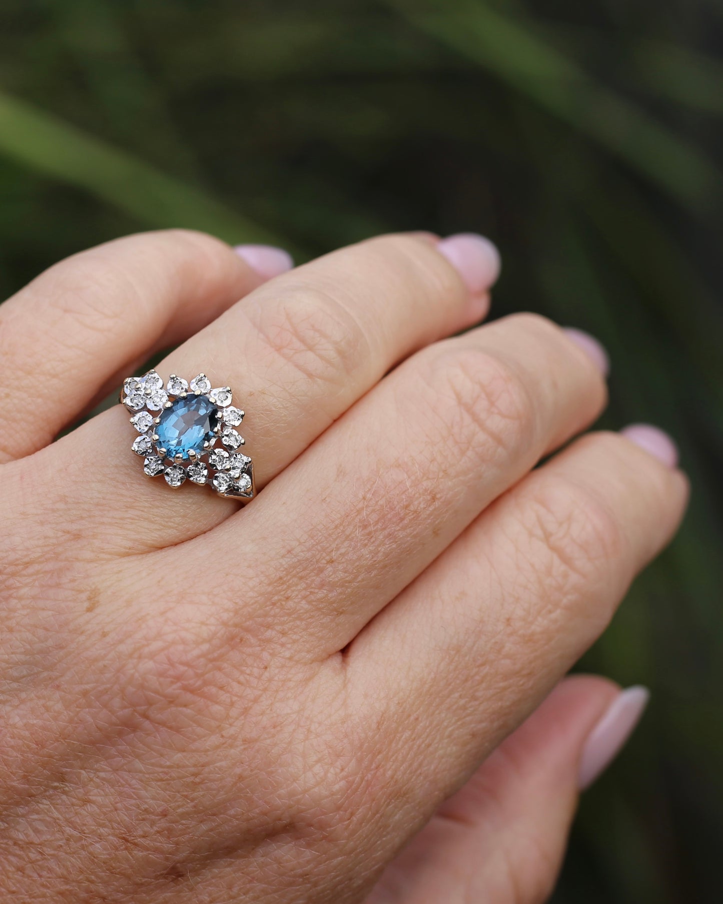 1989 Blue Zircon and Diamond Halo Ring, 9ct Yellow and White Gold, size N1/2 or 7, 3.18g