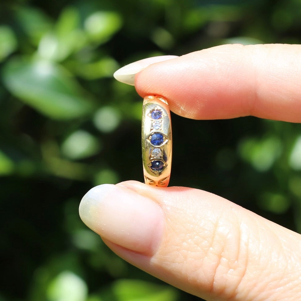 1897 Old Cut Sapphire and Diamond Five Stone Ring, 18ct Yellow Gold, size O or 7.25