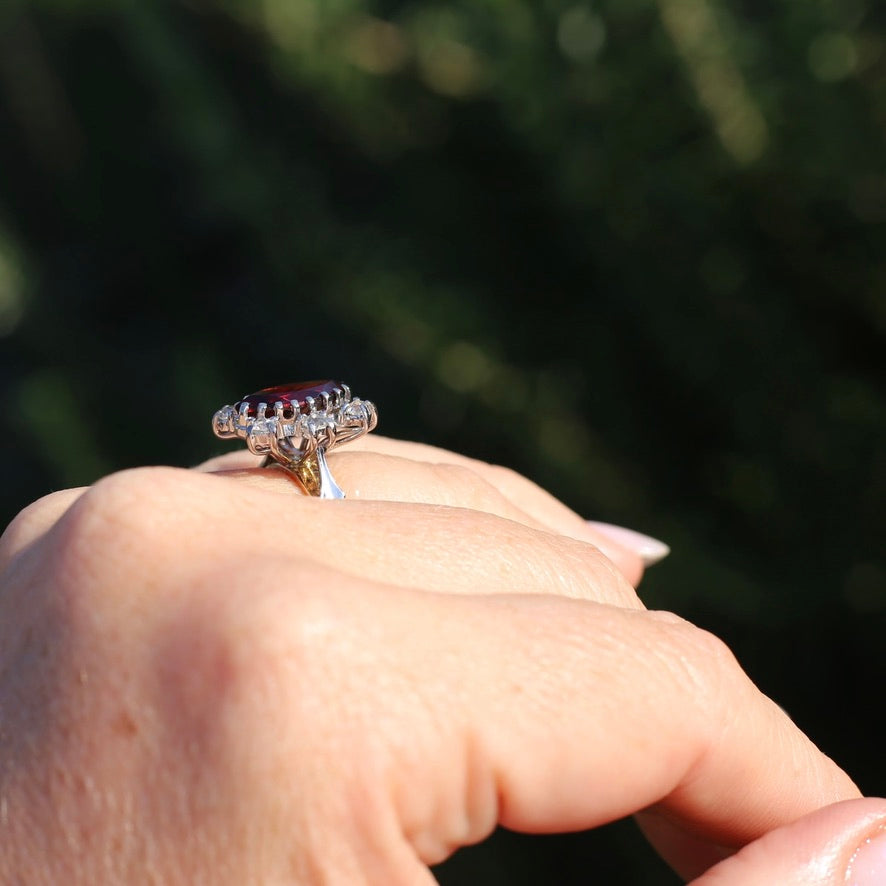 Viking feel Marquise Garnet With 6 Transitional Cut Diamonds, 18ct White and Yellow Gold, size N1/2 or 7