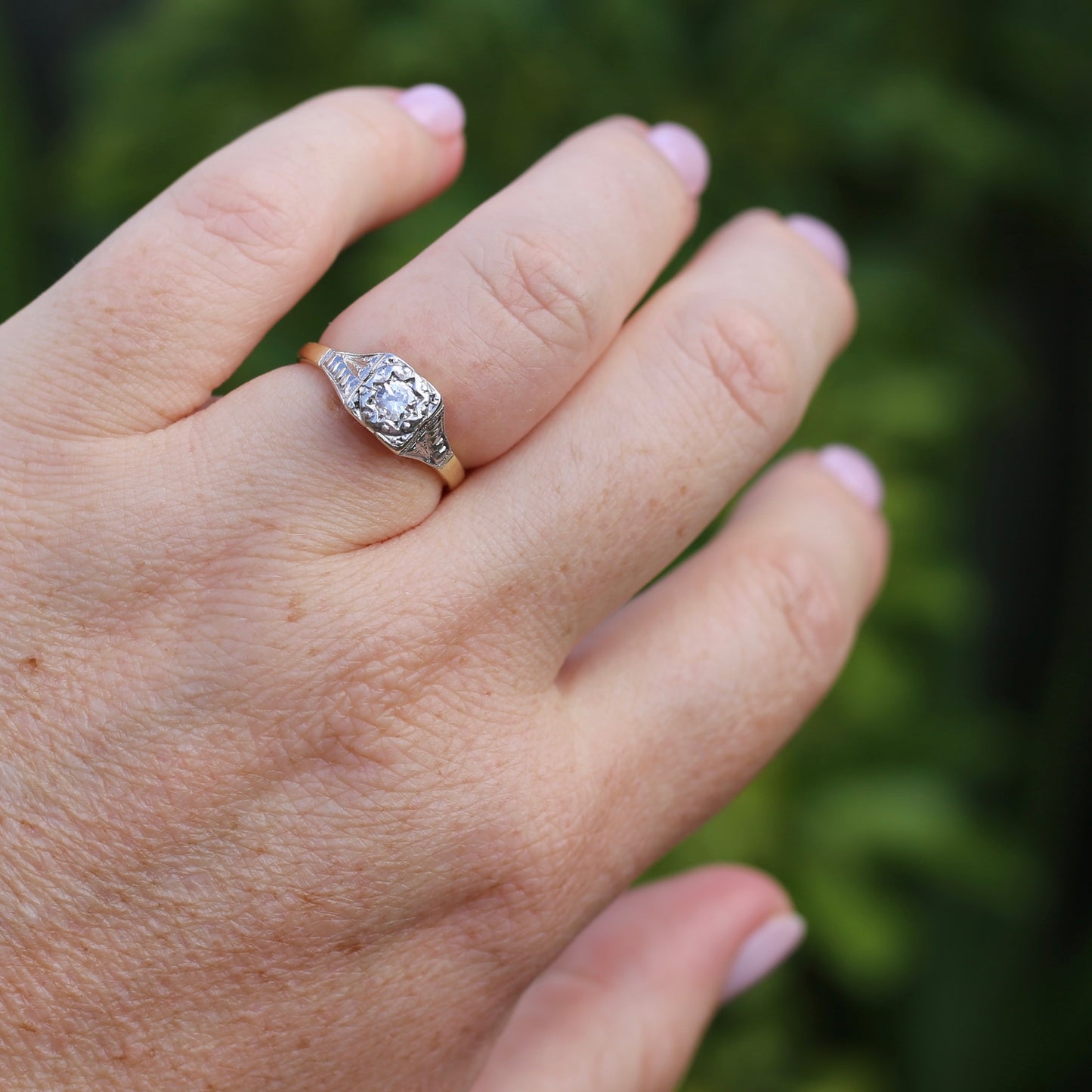 1930s Art Deco Inspired Platinum and 18ct Gold Solitaire Ring, size N or almost 6.75