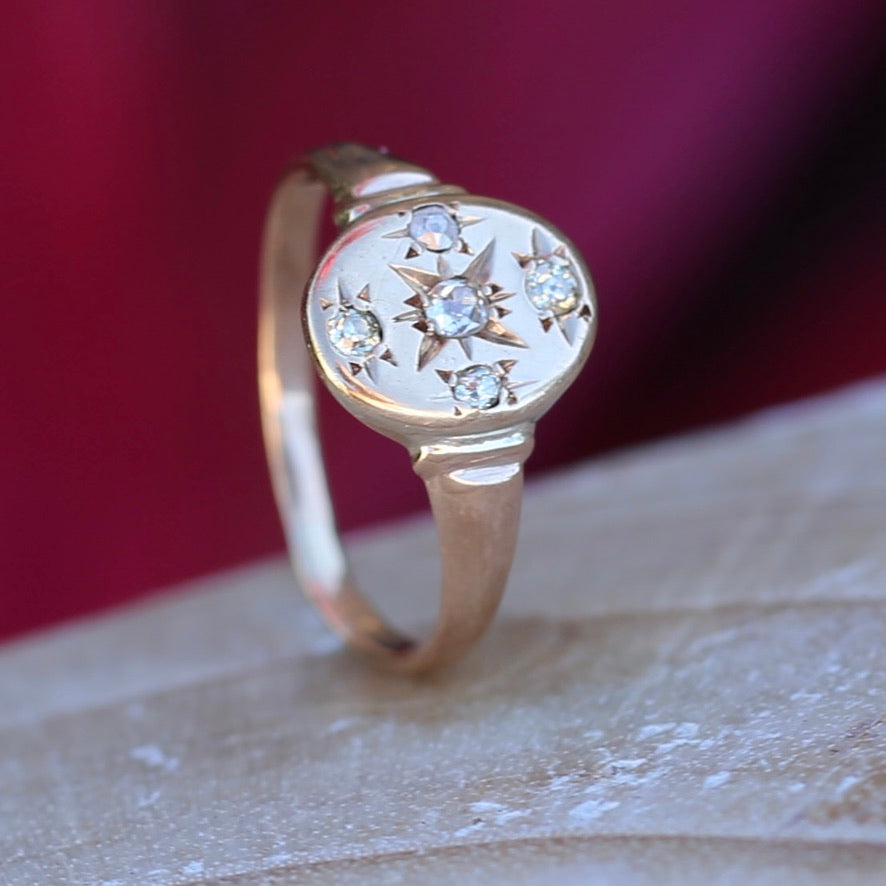 Early Australian Joseph Lawrence Signet Ring, Star Set with 5 Old Cut Diamonds, size T or 9.5